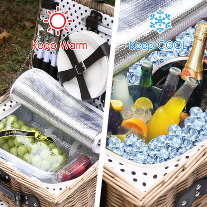 HYBDAMAI Picnic Basket for 4 Persons with Waterproof Picnic Blanket and Insulated Cooler, Large Wicker Picnic Basket for Camping, Outdoors, Valentine's Day, Christmas, Birthday, Wedding Gift
