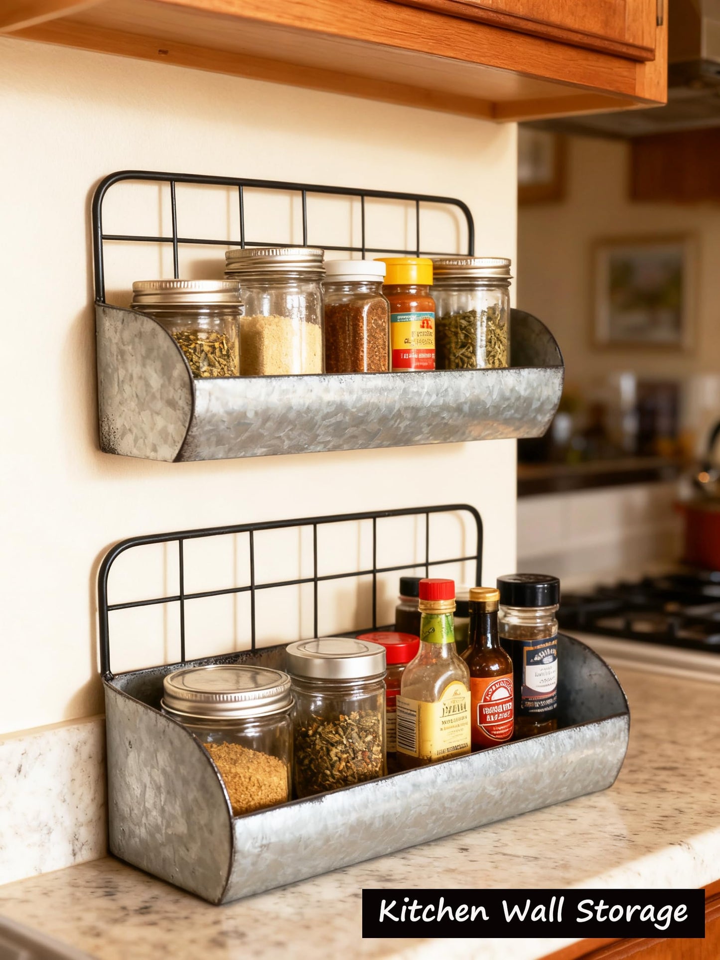 ShabbyDecor Galvanized Metal Farmhouse Wall Storage Holder Rustic Tin Shelves for Kitchen Laundry Room Bathroom Metal Hanging Wire Basket Set of 2