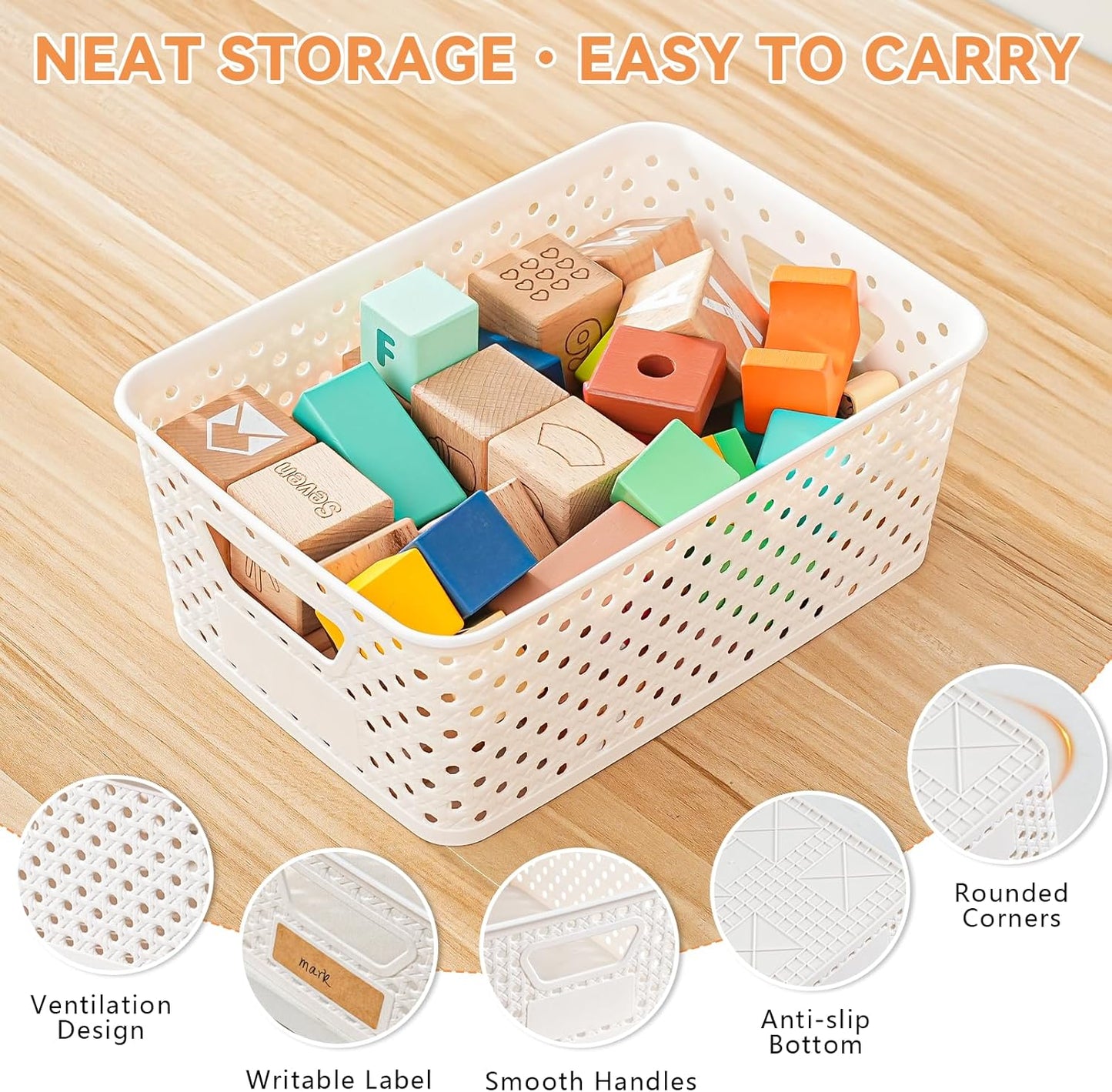 Plastic Storage Baskets - 12 Pack Organizing Bins with Handles & Labels for Home, Office, Closet