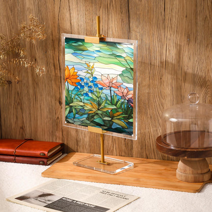 RattanView Adjustable Metal Easel Stand with Acrylic Floating Photo Frame 16.5" Tabletop Metal Standing Easel Display Stand for Display Picture, Frame, Photos, Art, Poster, Signs(Gold,Acrylic Base)