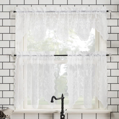 No. 918 Alison Floral Lace Sheer Rod Pocket Kitchen Curtain Tier Pair - 58" x 36", White