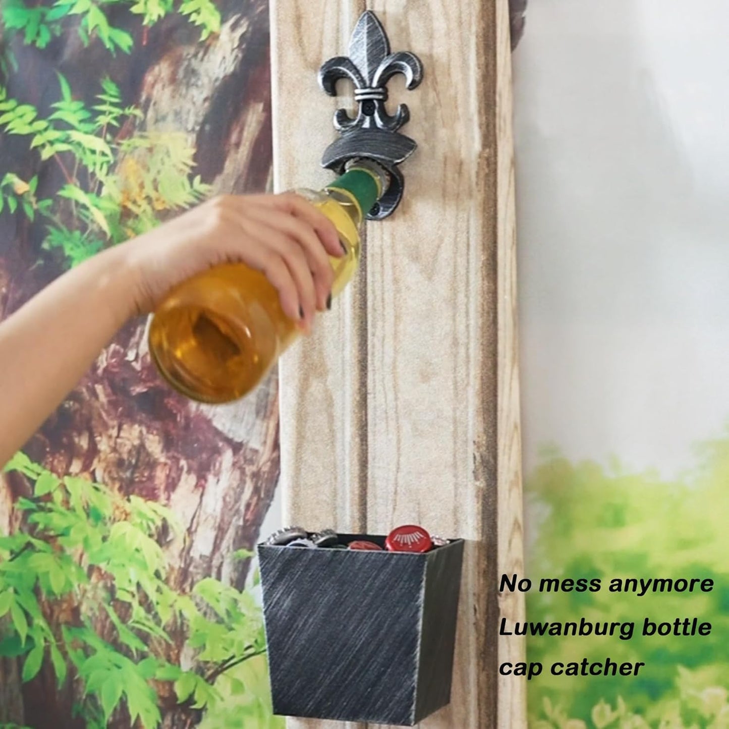 Fleur De Lis Beer Cap Opener - Wall Mounted Bottle Opener with Cap Catcher Drainage, Antique Silver