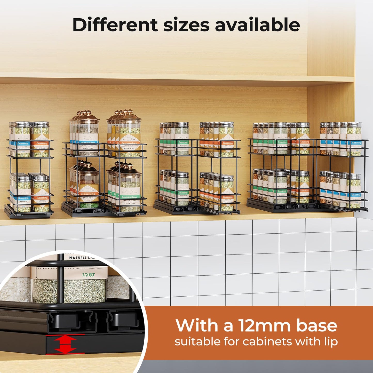 Pull Out Spice Rack Organizer for Cabinet, Slide Out Spice Racks, Easy to Install, 2.1''Wx10.35''Dx8.26''H, 3 Drawers 2 Tiers(Black)