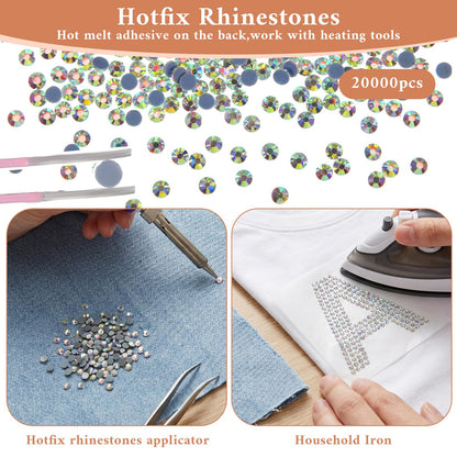 20000 Pcs SS10 Hotfix Rhinestones Bulk Crystal AB Round Iron on Flatback Glass Gems for Bedazzling DIY Crafts Clothes Shoes Supplies Decoration 2.7-2.8mm