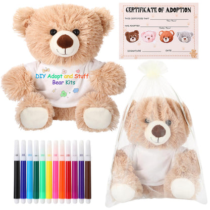 HyDren 15 Pcs Make Your Own Stuffed Animal Bear Kit DIY Adopt and Stuff Kit 10 Inch Soft Bear Plush White T Shirt Adoption Card DIY Brush for Birthday Personalized Gifts