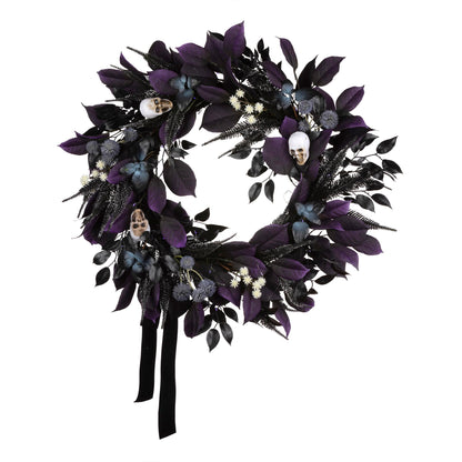 National Tree Company, 26inch Artificial Floral Mini Skull Wreath, 30 Purple LED Lights,