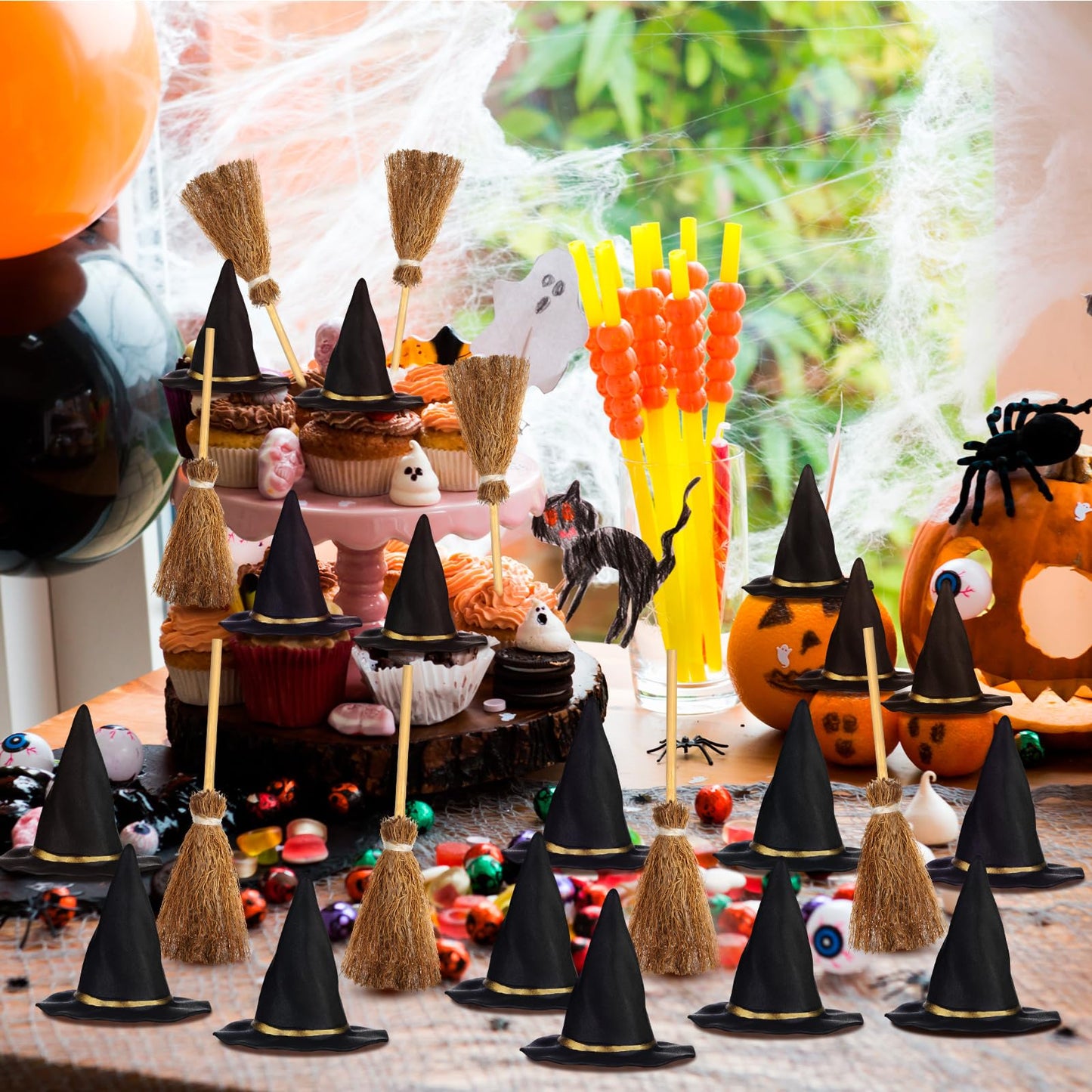 WinnerWhy 48 Pcs Mini Witch Hats and Broom for Crafts Halloween Wizard Accessories for Party Favors Decor (Black,1.5 Inches)