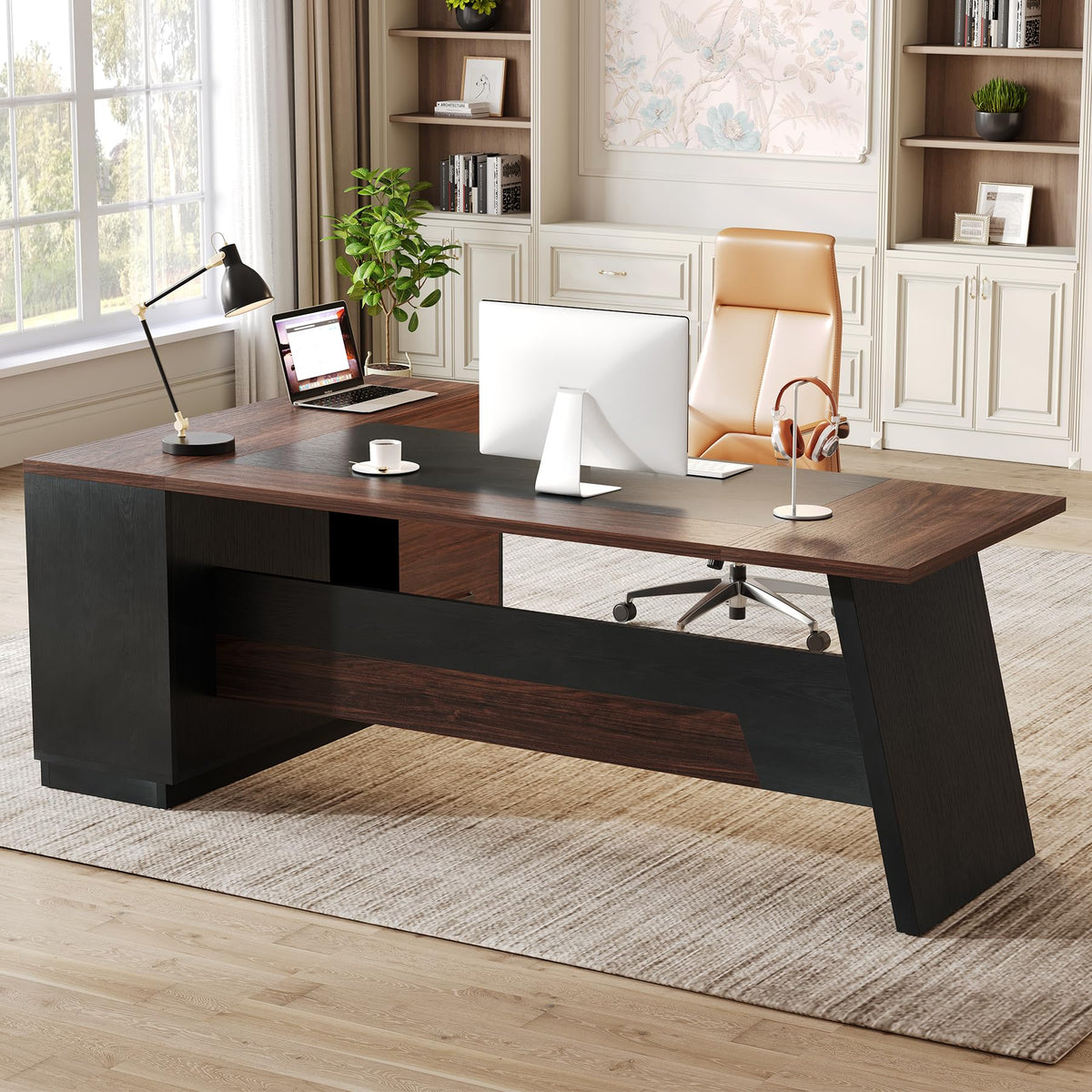 LITTLE TREE 78-Inch Executive Office Desk with File Cabinet, Large Modern Corner Office Desk for Home Office, 3-Drawer Wood File Cabinet, Spacious Workstation for Home Office (Brown & Black)