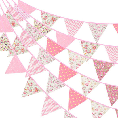 G2PLUS 39Ft Triangle Bunting Banner, 42Pcs Pink Floral Garland Pennant Banner, Reusable Cotton Triangle Flags Party Decoration for Birthday, Wedding, Garden Tea Party, Baby Shower, Room Decor