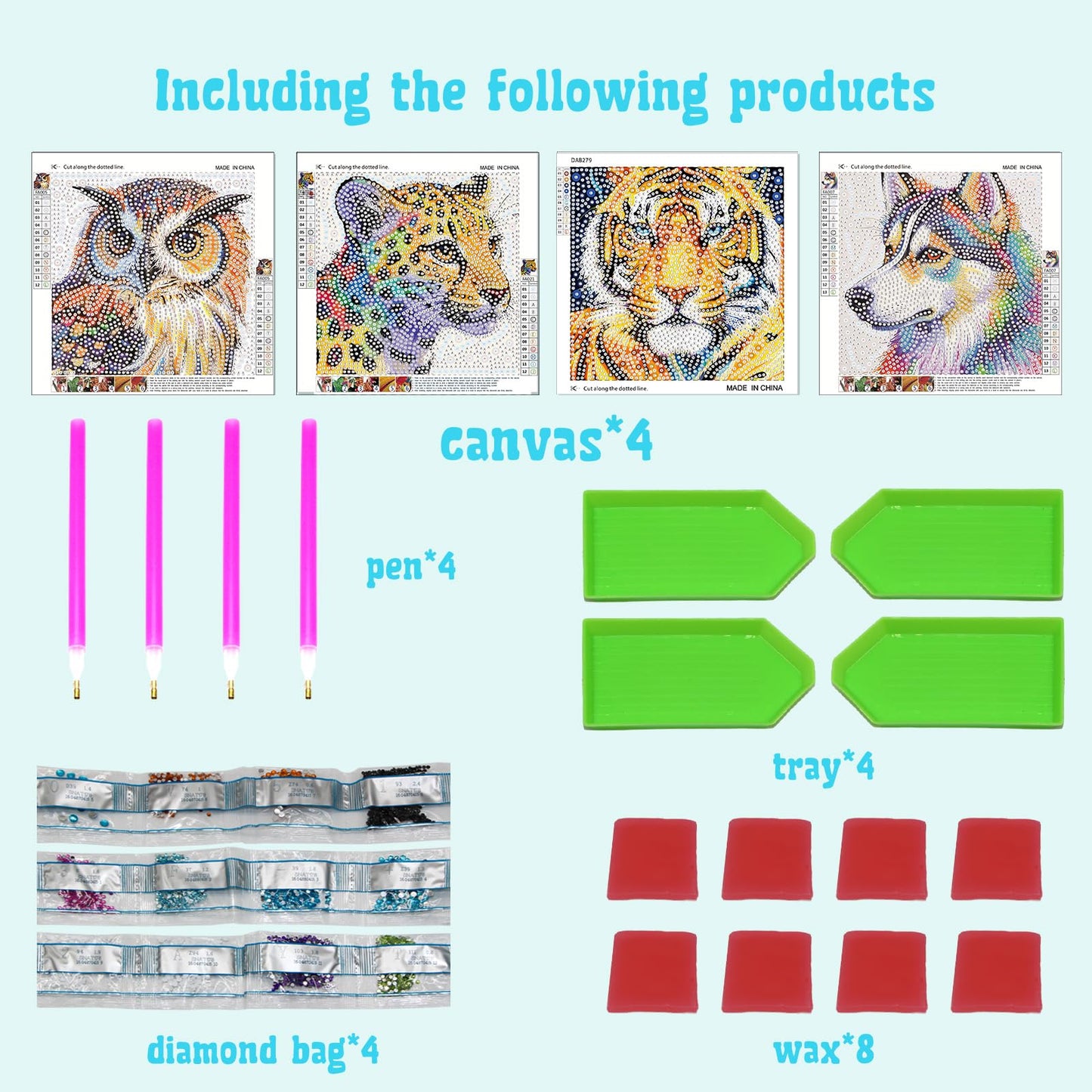 Libfx Diamond Art Kits for Kids 4 PCS Diamond Art for Girls Boys Beginners Arts and Crafts for Kids Ages 8-12 (Tiger Leopard owl Dog)