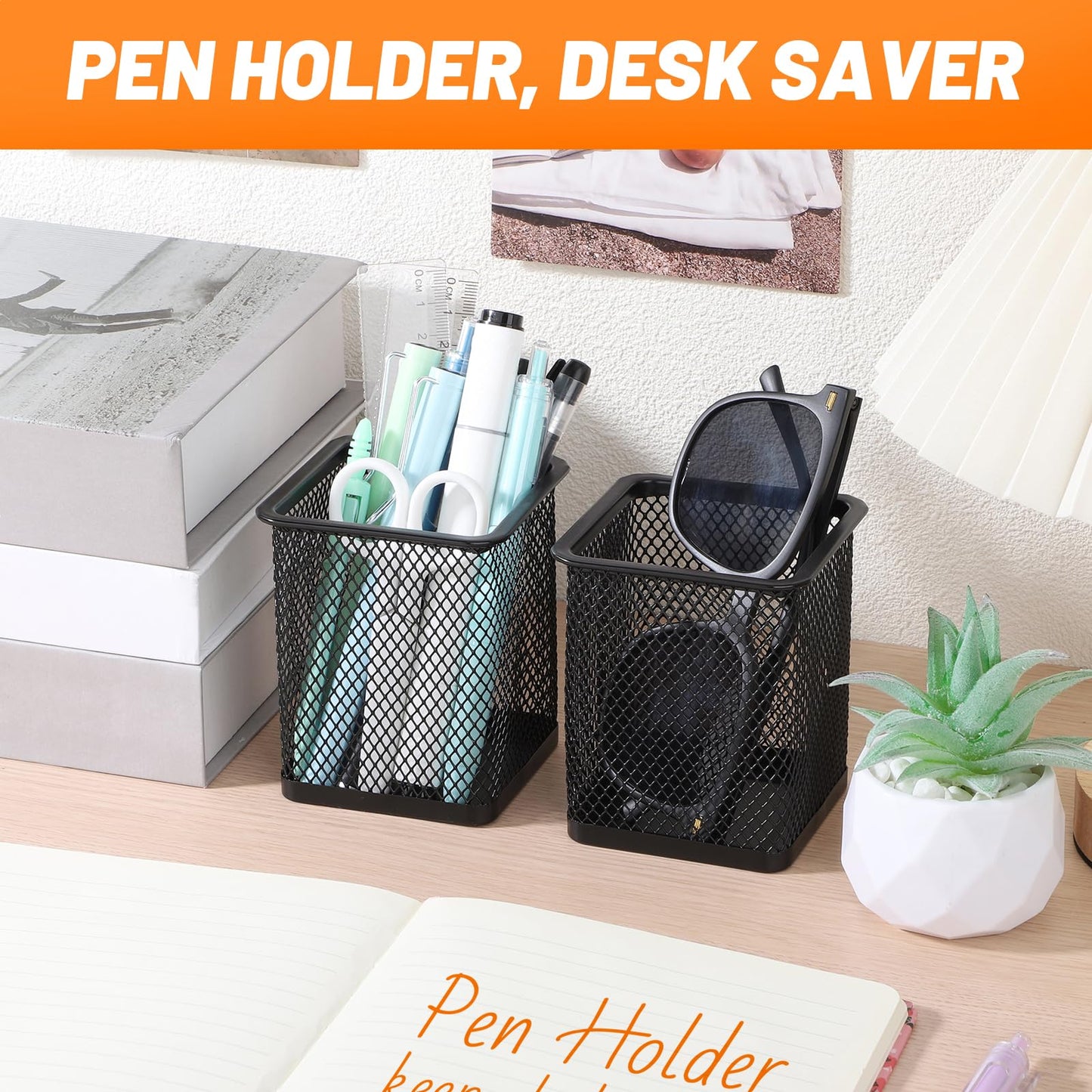 Segarty Square Pen Holder, 3 Pack Black Pen Holder for Desk, Metal Mesh Pencil Cup Container Desktop Accessories Organizer for Office, School, Home, Makeup Brush