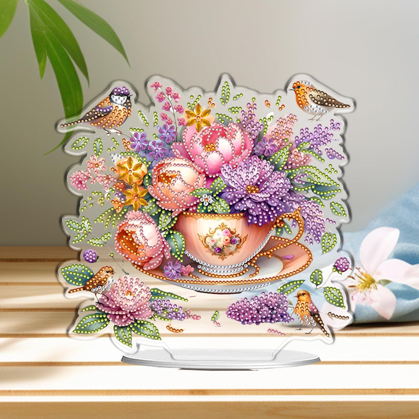 C'eitura 2D Flat Acrylic Diamond Art Painting Kit, Flower in Cup Special Shaped Diamond Art for Desk Decor, DIY Desktop Ornament for Adults & Beginners, Cute Home Office Decoration 24x22cm