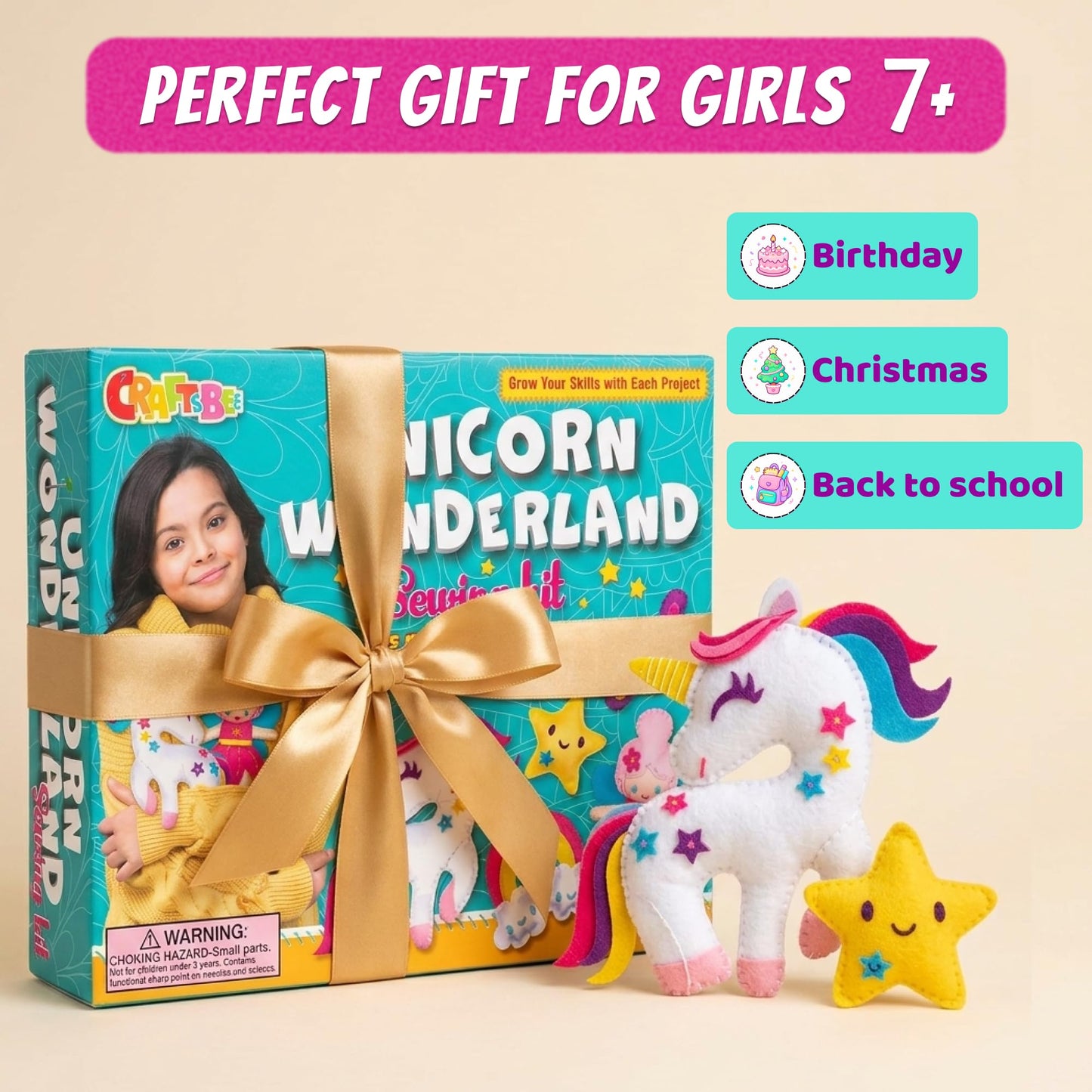 CRAFTSBEE Unicorn Sewing Kit for Kids Ages 7-12 — 5 Large Felt Stuffed Animals, 3 Skill Levels — Beginner Arts and Crafts, Birthday Gift for Girls
