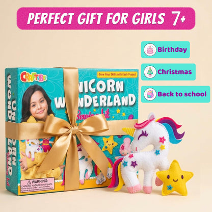 CRAFTSBEE Unicorn Sewing Kit for Kids Ages 7-12 — 5 Large Felt Stuffed Animals, 3 Skill Levels — Beginner Arts and Crafts, Birthday Gift for Girls