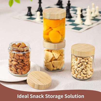 16 Oz 4 Pack DRKIO Overnight Oats Containers with Bamboo Lids - Glass Storage Jars with Airtight Lids Wide Mouth Mason