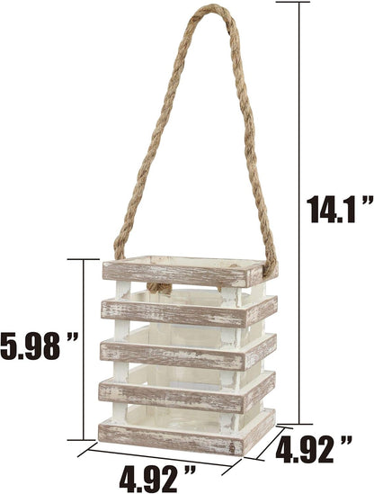 Stonebriar Small Worn White Wooden Candle Lantern with Removable Glass Cylinder Hurricane and Rope Handle