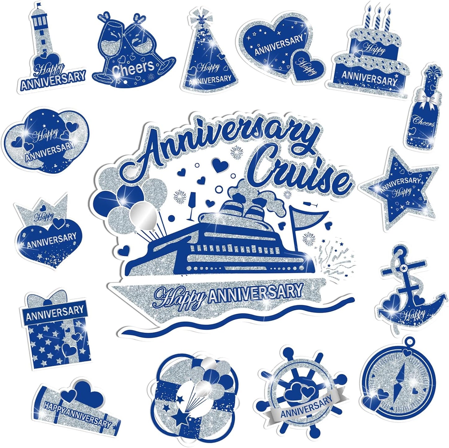 Happy Anniversary Cruise Door Magnets, Blue Silver Magnetic Decorations for Wedding Party, Refrigerator Decor