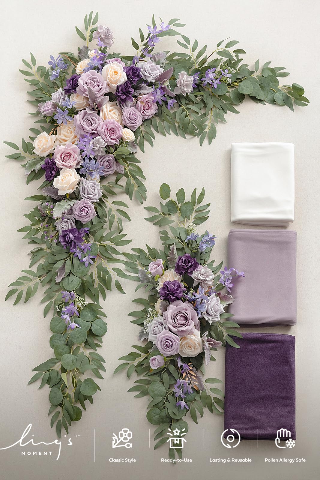 Ling's moment Wedding Arch Flowers with Sheer Drapes Kit - Artificial Purple and Gold Rose Floral Arrangements for Ceremony Backdrop, Arbor Decor, 5-Piece Set (2 Flower Stems + 3 Hanging Drapes)