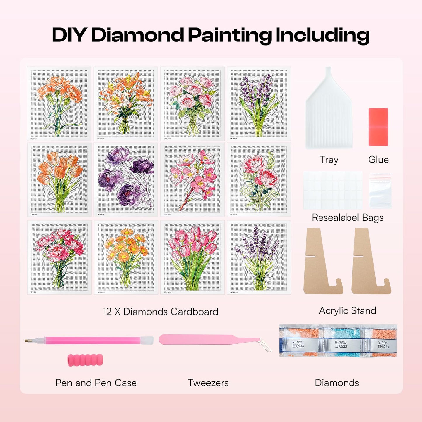 Caydo 12 Pack Flower Themed Diamond Painting Kits for Adults - Full Drill 5D DIY Paint Gem Art - A Relaxing Craft for Home Wall Decor(6x6inch)