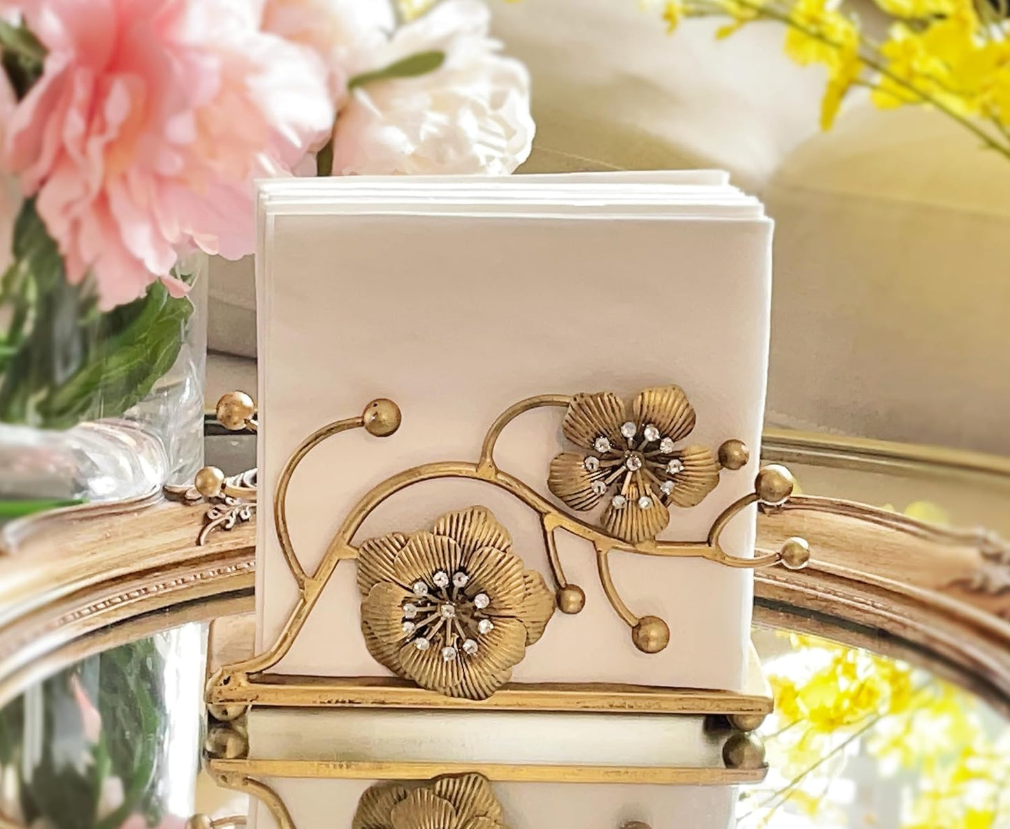 Gold Orchid Blooms Napkin Holder| Exquisite Orchid Flowers & Faux Crystals Design| Vertical Iron Metal Disposable
