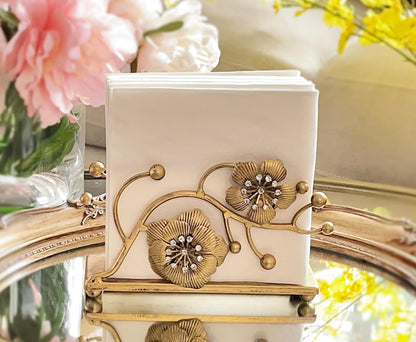 Gold Orchid Blooms Napkin Holder| Exquisite Orchid Flowers & Faux Crystals Design| Vertical Iron Metal Disposable