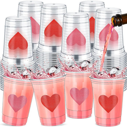 Moinchore 100 Pcs 12 oz Valentines Heart Plastic Cups Clear Disposable Heart Wine Cups Bulk for Galentine's Day Iced Coffee Drinking Ice Cream Wedding Party Supplies (Pink,Red)