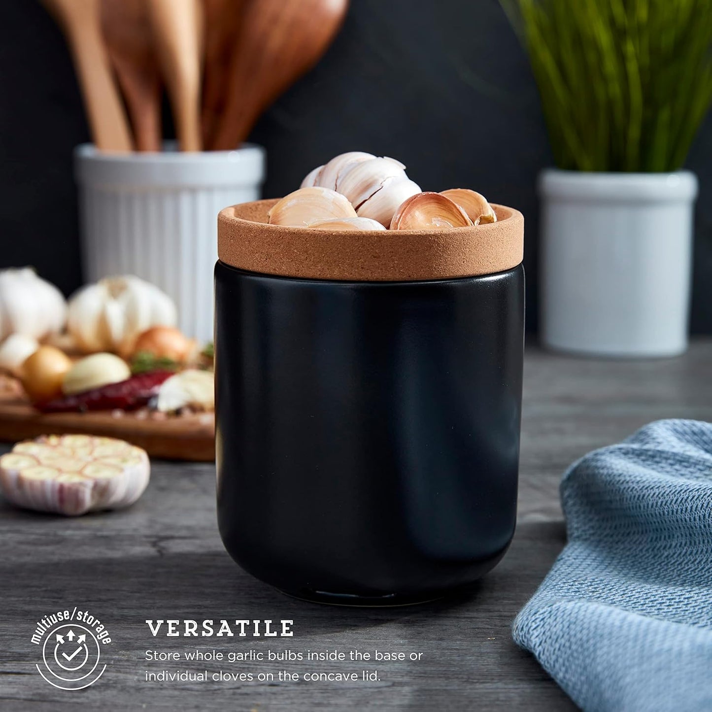 Ceramic and Cork Breathable Garlic Keeper to Allow Air Flow for Freshness, Stackable Space Saving Cork Lid, Natural