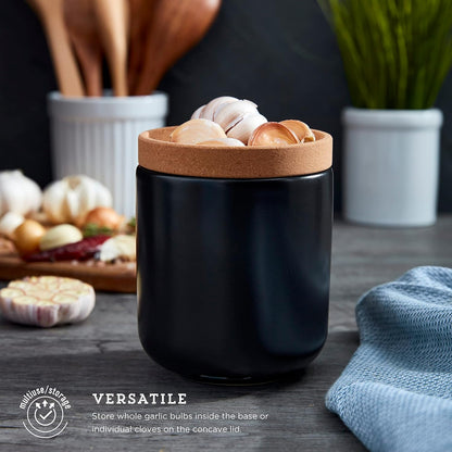 Ceramic and Cork Breathable Garlic Keeper to Allow Air Flow for Freshness, Stackable Space Saving Cork Lid, Natural