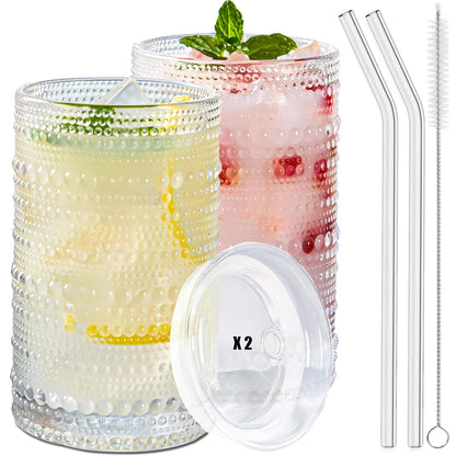 Ework4U 2 Pcs Iced Coffee Glasses Cups with Glass Lids and Straws,12 oz Thick Emboss Beaded Drinking Glass Cup Set,Latte Glasses,Ideal for Water,Soda,Gift with Cleaning Brushes