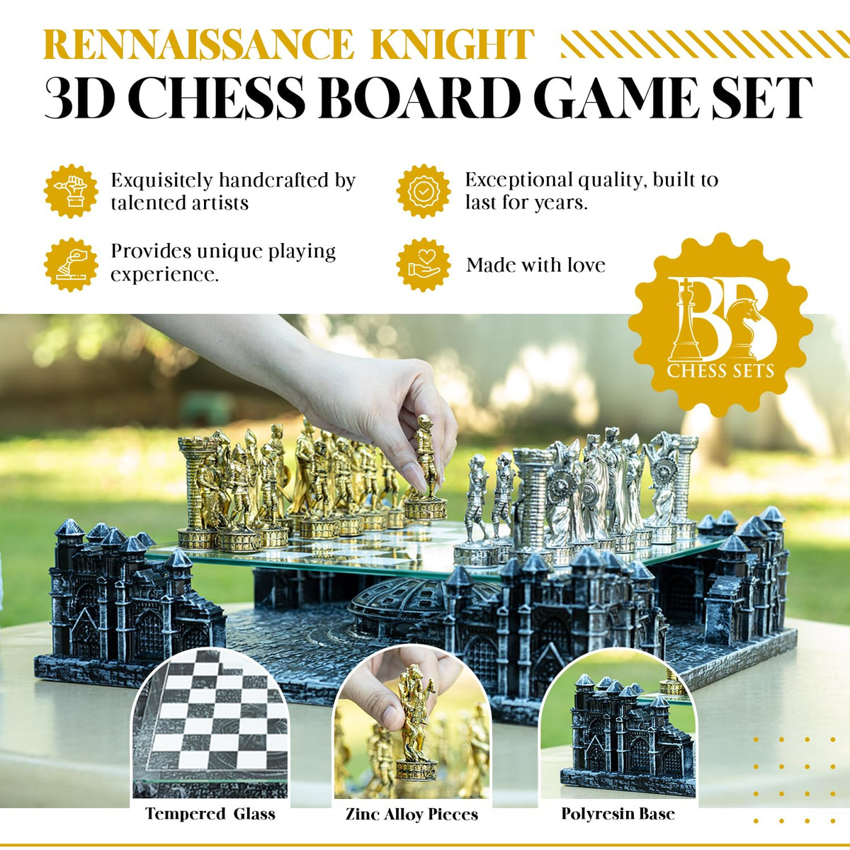BB Chess Sets - Renaissance Knight 3D Chess Set – Unique Chess Board Set - Durable Gold and Silver Metal Pieces - Tempered Glass Board and Polyresin Base