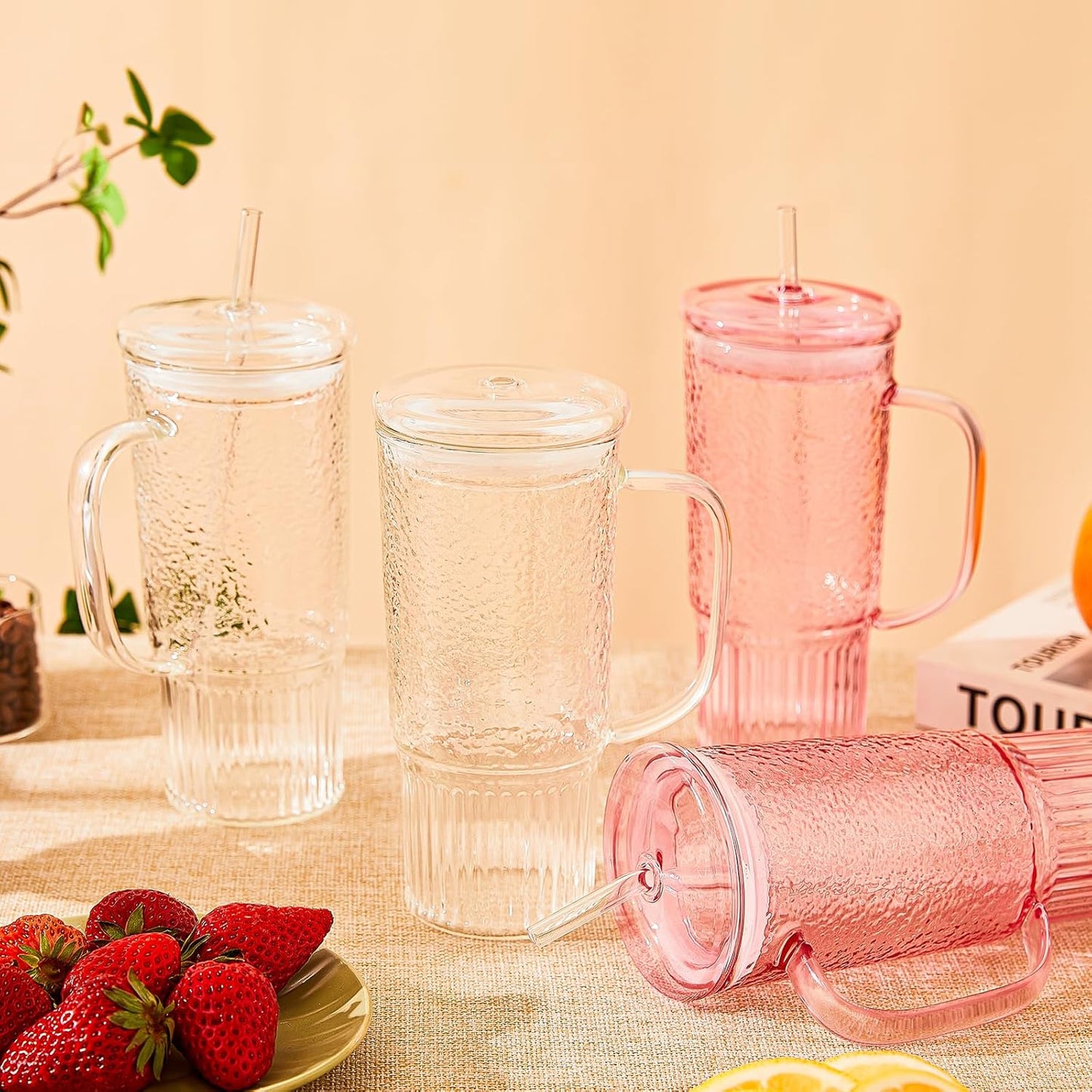 24oz 2 Pack GOSCHE Glass Cups with Lids and Straws, Clear Iced Coffee Cups with Handle, Glass Tumbler with Straw