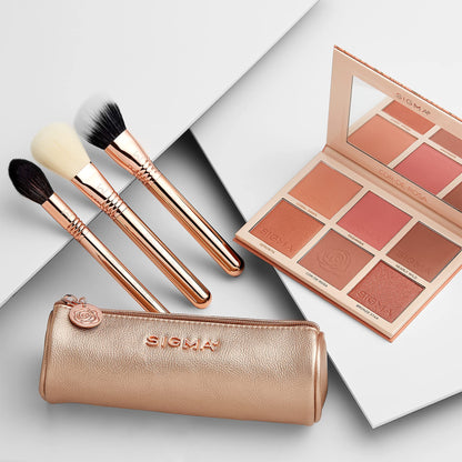 Sigma Beauty Glam ‘N Glow Mini Eye Makeup Brush Set – Set of 3 Eye Makeup Brushes for Blending, Shading, Lining, and Smudging, Includes Stylish Black Small Makeup Bag (4 Pcs)