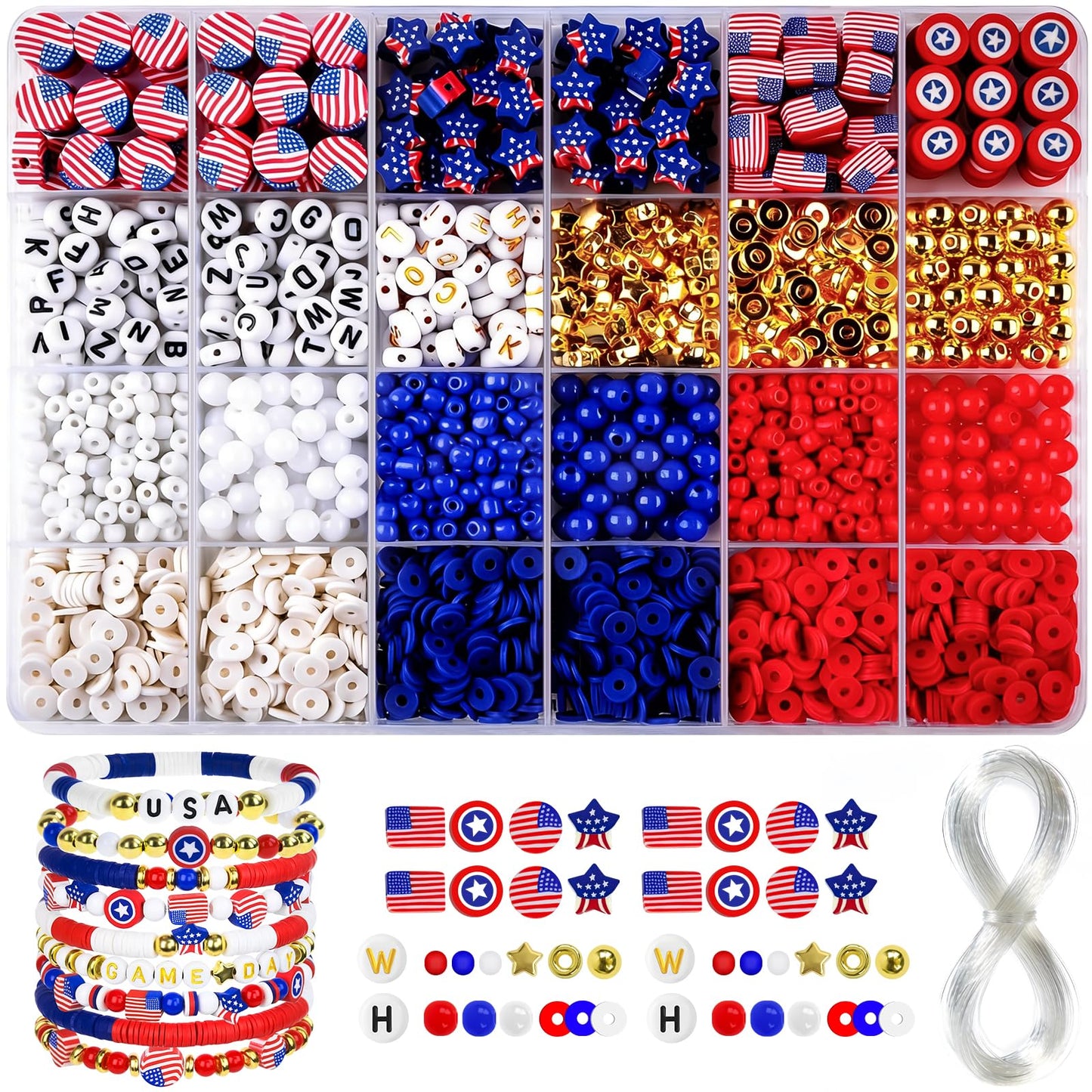 YXFEIR 2480pcs Clay Beads & Charms Jewelry Making Kit, 4th of July White Red Blue Beads Bracelet with Clay Beads Glass Seed Beads, Patriotic-Themed Bracelet Making Kit with Letter Beads and Charms