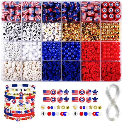 YXFEIR 2480pcs Clay Beads & Charms Jewelry Making Kit, 4th of July White Red Blue Beads Bracelet with Clay Beads Glass Seed Beads, Patriotic-Themed Bracelet Making Kit with Letter Beads and Charms