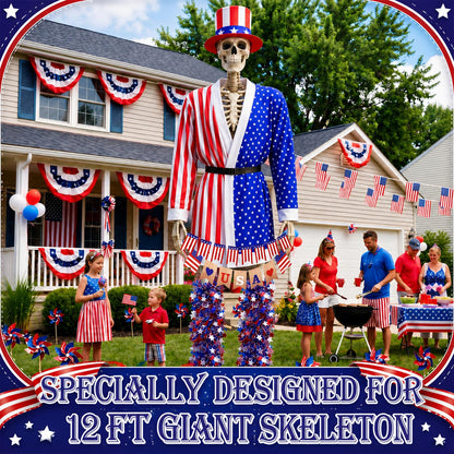 Ramede 8 Pcs 4th of July 12 ft Skeleton Outfit Accessories, Patriotic Red White Blue Hat USA Star Stripes Coat Banners & Tinsel Garlands for 12 Foot Skeleton Costume 250th Anniversary Outdoor Decor