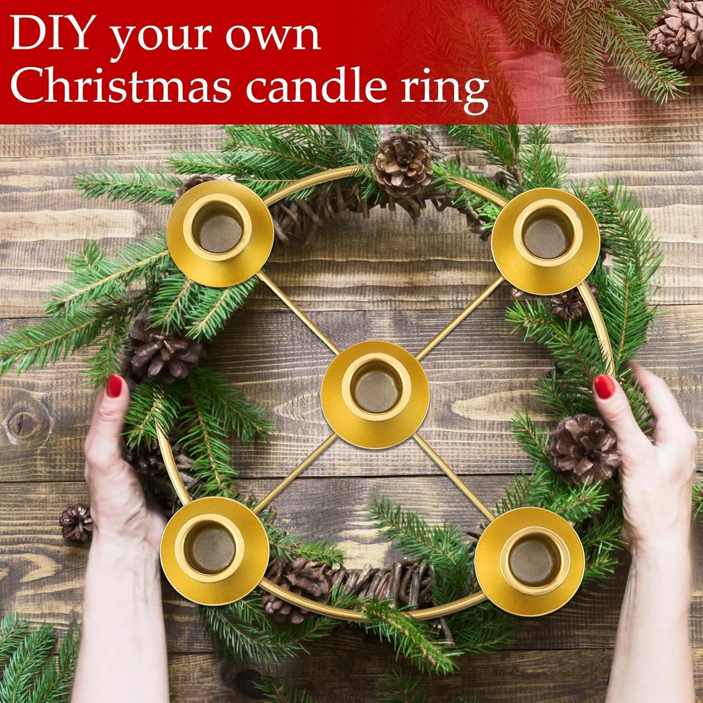 Newtay Christmas Advent Wreath Candle Holder - 5 Candle, 8.5 Inch Metal Gold Ring for Holiday Decor