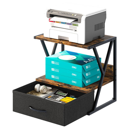 aboxoo Printer Stand for Desk with Storage Drawer, 2 Tier Desktop Or UnderDesk Shelf, Multi-Purpose Desk Organizer for Home Office, fit Fax Machine/3D Printer/Scanner, Rustic Brown