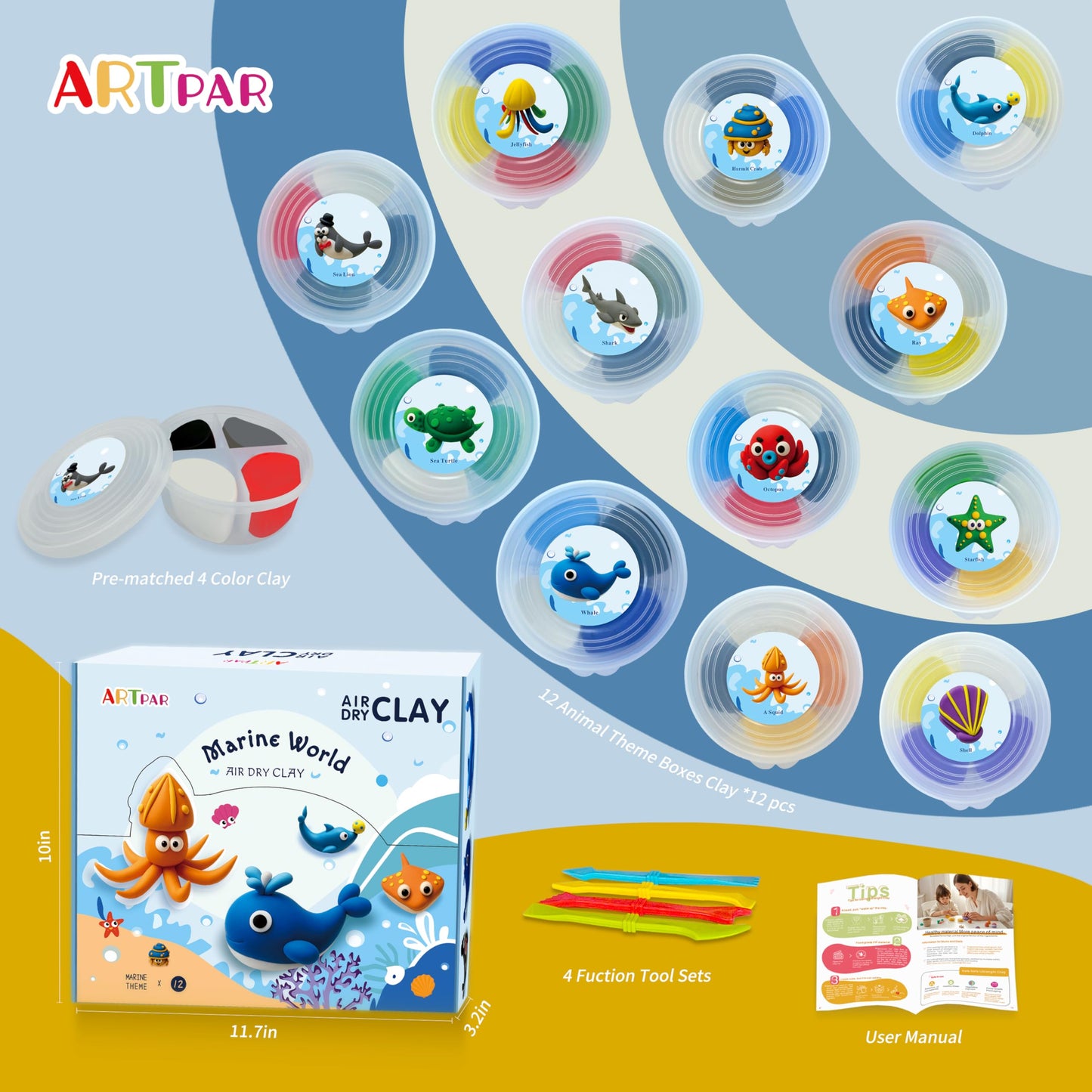ARTPAR Air-Dry Clay Kit for Kids,12 Marine Animals‌ Modeling Magic Clay Sculpting Tools Set,Non-Sticky, Ultra-Light,Creative DIY School Arts & Crafts Gifts for Boys & Girls Ages 3-12