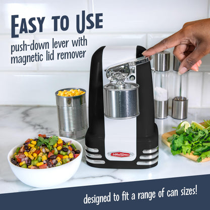 Nostalgia Retro Electric Can Opener for Kitchen with Magnetic Lid Remover, Knife Sharpener, and Soda or Beer Bottle Opener, Black