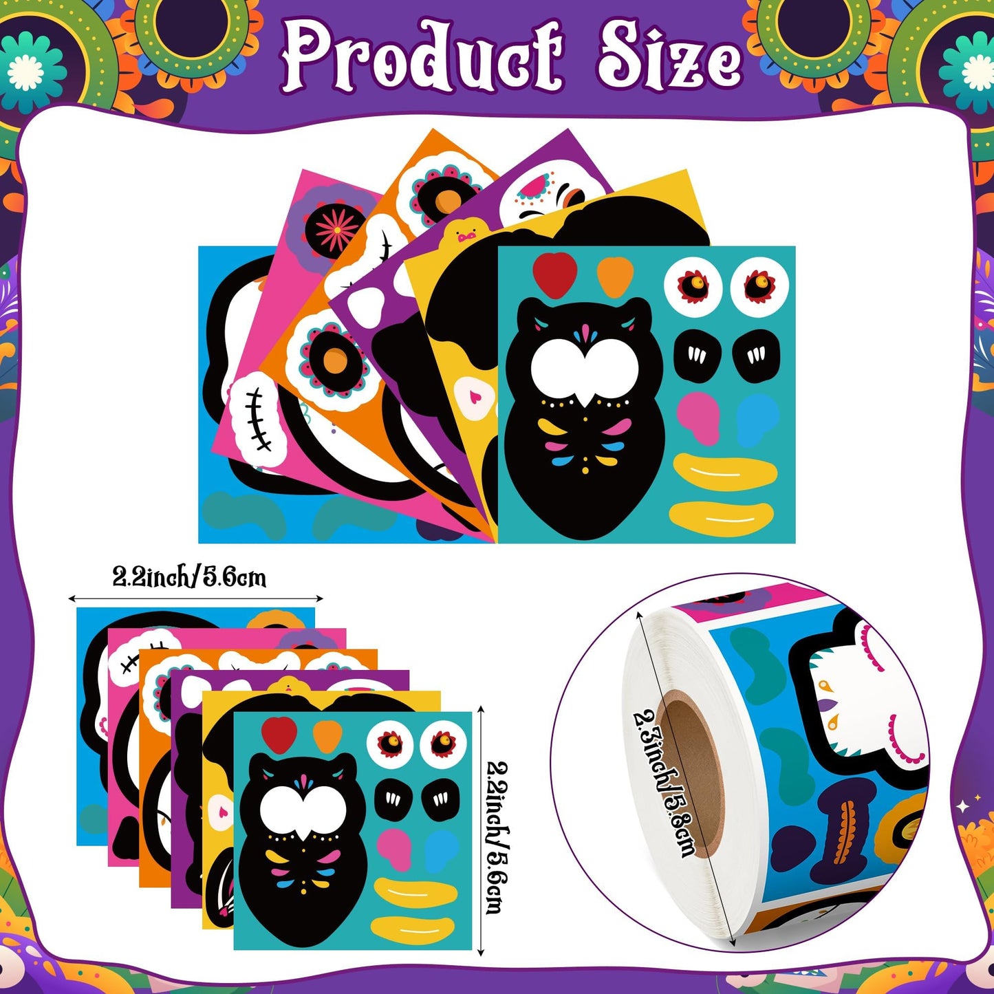 Haooryx Sugar Skull Sticker Rolls - 300Pcs Day of The Dead DIY Stickers