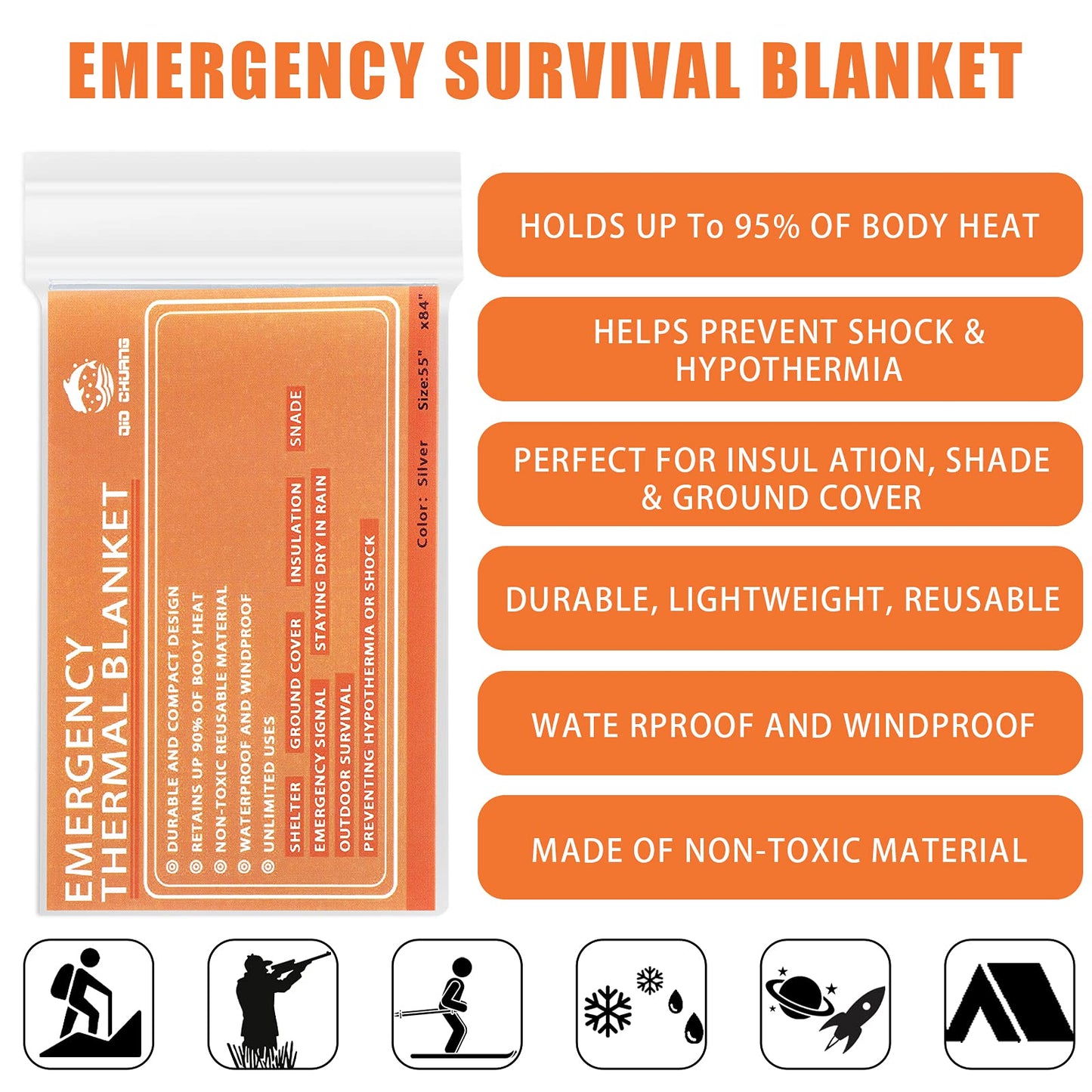 QIO CHUANG Emergency Mylar Thermal Blankets -Space Blanket Survival kit Camping Blanket (Pack of 6). Perfect for Outdoors, Hiking, Survival, Bug Out Bag ，Marathons or First Aid
