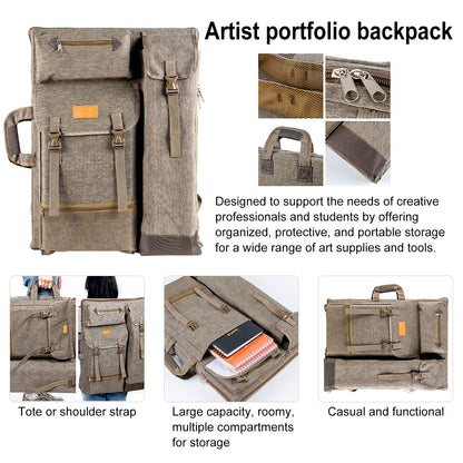 TRANSON Art Portfolio Case Artist Backpack Canvas Bag Large 26” x 19.5” Khaki