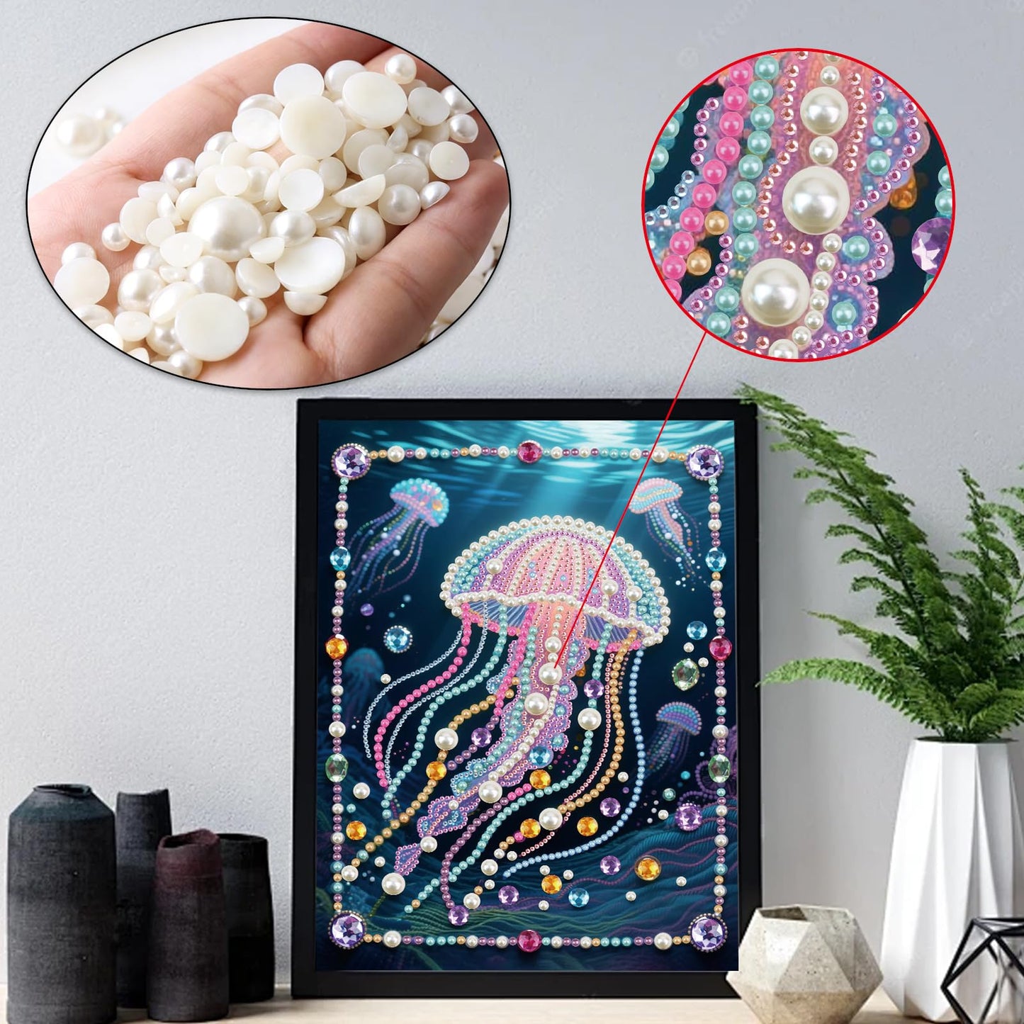 Stalente Pearl Diamond Painting Kits for Adults Glowing Jellyfish, 5D Special Shape Diamond Art Kits for Beginners, Crystal Rhinestones Diamond Painting for Home Wall Decoration Gift 12×16inch