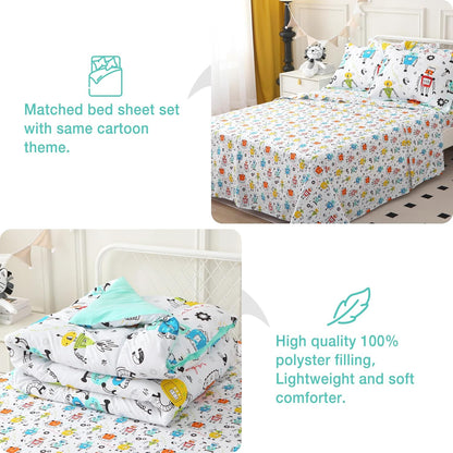 Sets 6 Set Set Mooreeke Twin Size Comforter for Boys Kids, Pieces Bed in a Bag White Robot Bedding Comforter Sheet