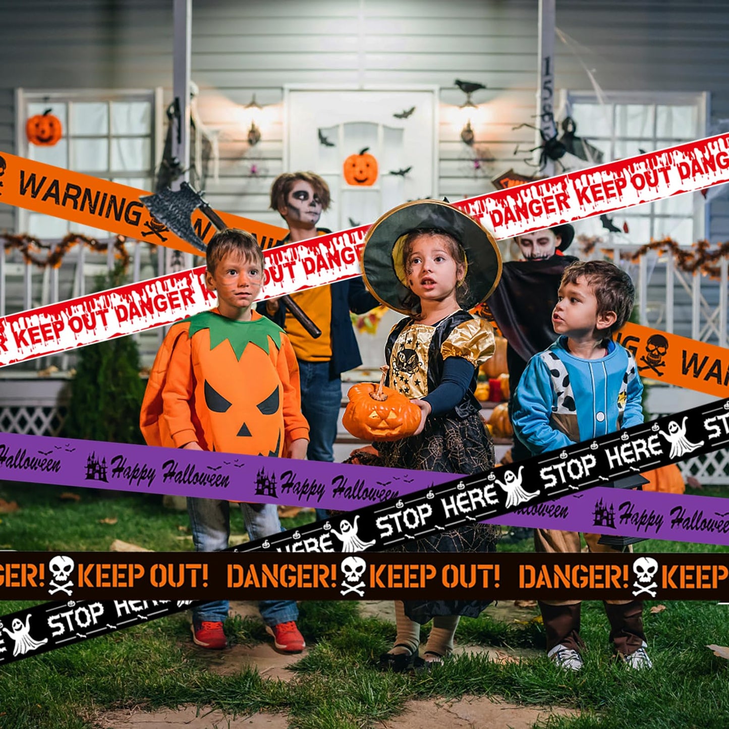 OZIO 5 Rolls Halloween Decorations Caution Tape, 100 ft Reusable Glue-Free Warning Tape, Creepy Scary Decoration Fright Tape Spooky Party Haunted House Props for Haunted Houses, Vampire Parties