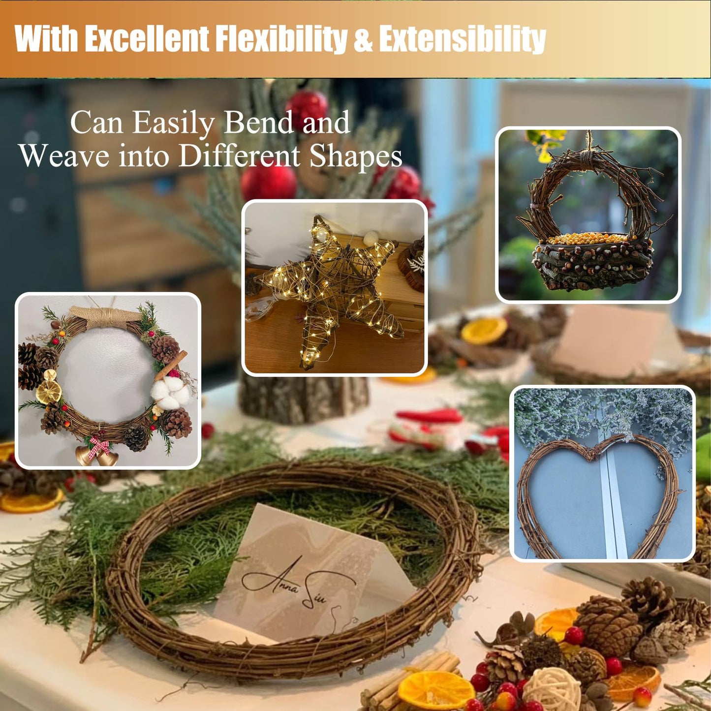15 Feet Grapevine Garland DIY Crafts Natural Grapevine Twig Vines, 3 PCS Vines Garland Wreaths for Wedding Christmas House Holiday Door Vase Wall Decor