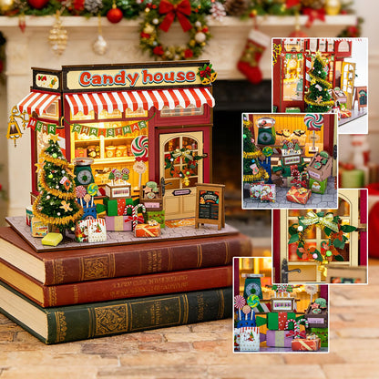 Book Nook Kit, 3D Wooden Puzzles Christmas Candy Shop Miniature House Dollhouse Booknook Mini House Making Kit Bookshelf Decorations Gifts for Family, Friends
