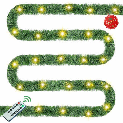 Christmas Garland with Lights, 30 Feet 50 Led Battery Operated Pre-Lit Long Garland Remote Timer for Stairs Railing Fireplace Mantle Office Door Frame Decor Green Greenery Indoor Outdoor Decorations
