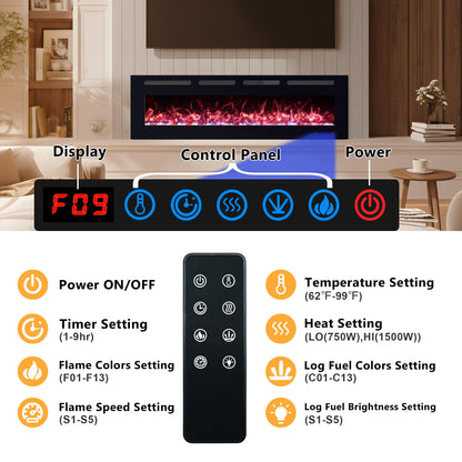 VILLABROT 42 Inch Ultra Thin Electric Fireplace Heater, Recessed & Wall Mounted Electric Fireplace Insert with Thermostat, 13 Flame Colors, Remote Control, 750/1500W for Living Room Bedroom