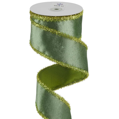 MEEDEE Moss Green Velvet Gold Tinsel Edge Ribbon 2.5 Inch Christmas Metallic 10 Yards Spool for Tree, Garlands, Wreaths, Bows, Tree Toppers, Crafts
